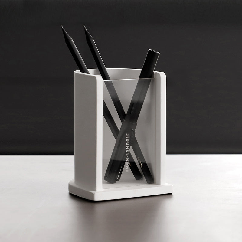 Minimalist Concrete White Pen Holder, Modern Desk Organizer for Pens & Pencils
