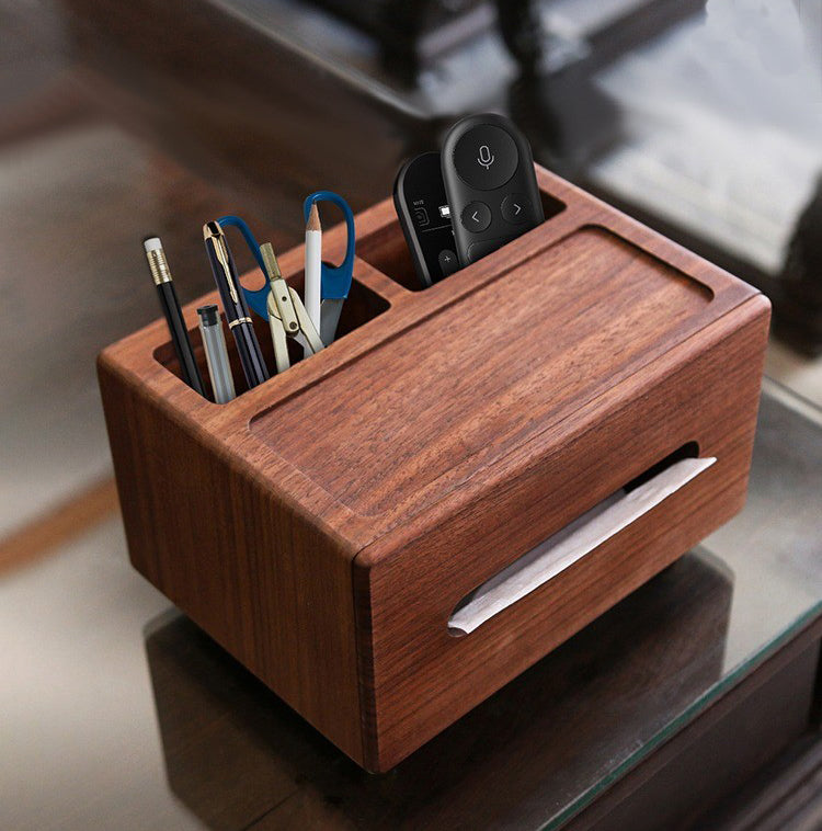 Walnut Wood Multi - Function Tissue Box & Remote Control Holder for Living Room Tables‌