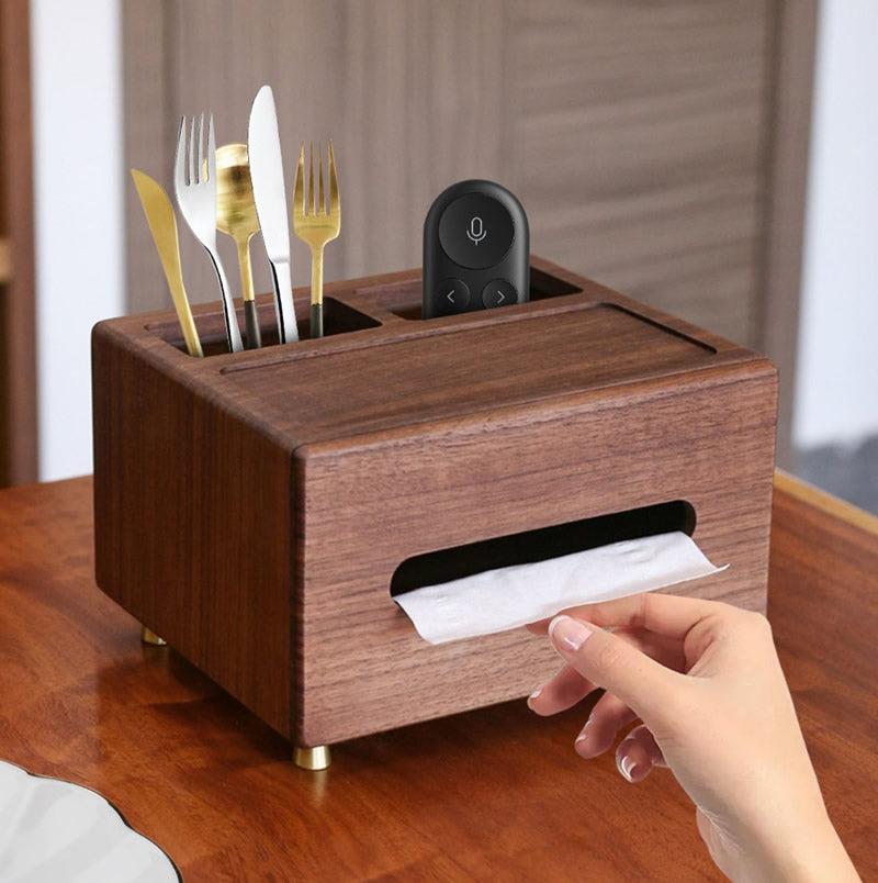 Walnut Wood Multi - Function Tissue Box & Remote Control Holder for Living Room Tables‌