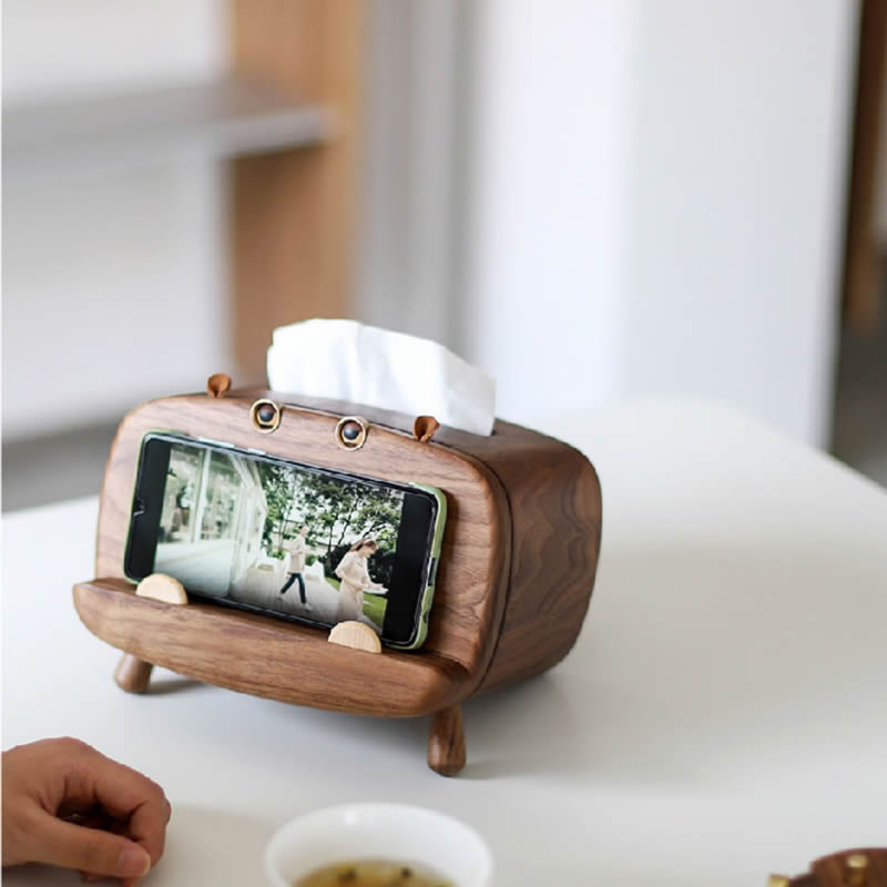 Walnut Wooden Hippo Tissue Box - Wood Tissue Holder & Phone Stand for Modern Home Decor