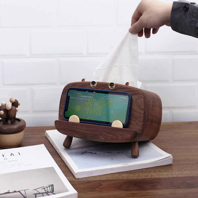 Walnut Wooden Hippo Tissue Box - Wood Tissue Holder & Phone Stand for Modern Home Decor
