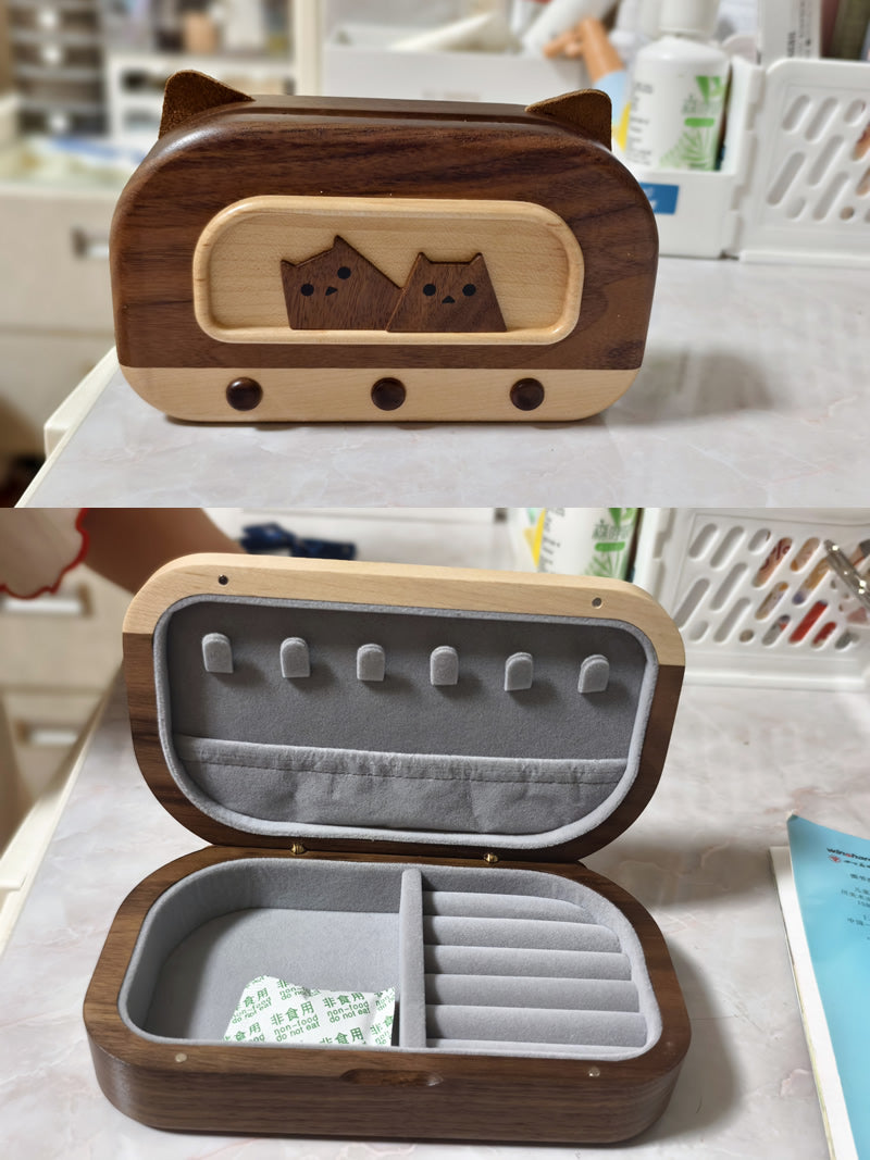 Cute Cat - Shaped Wooden Jewelry Box, Travel - Friendly Organizer for Rings, Earrings & Necklaces