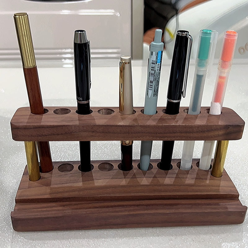 Double-Layer Wooden Pen Holder with Brass Accents, 8 - Slot Desk Organizer for Pens & Markers