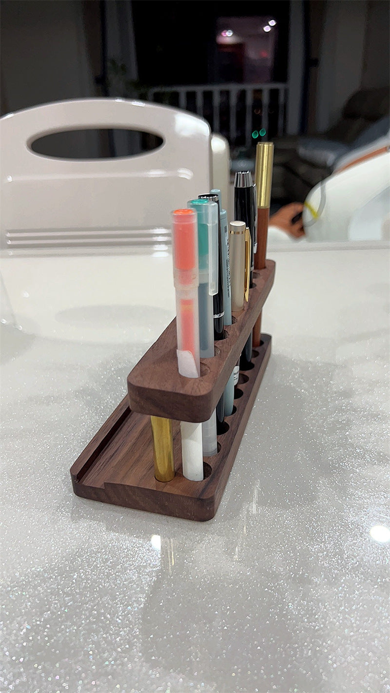 Double-Layer Wooden Pen Holder with Brass Accents, 8 - Slot Desk Organizer for Pens & Markers