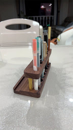Double-Layer Wooden Pen Holder with Brass Accents, 8 - Slot Desk Organizer for Pens & Markers