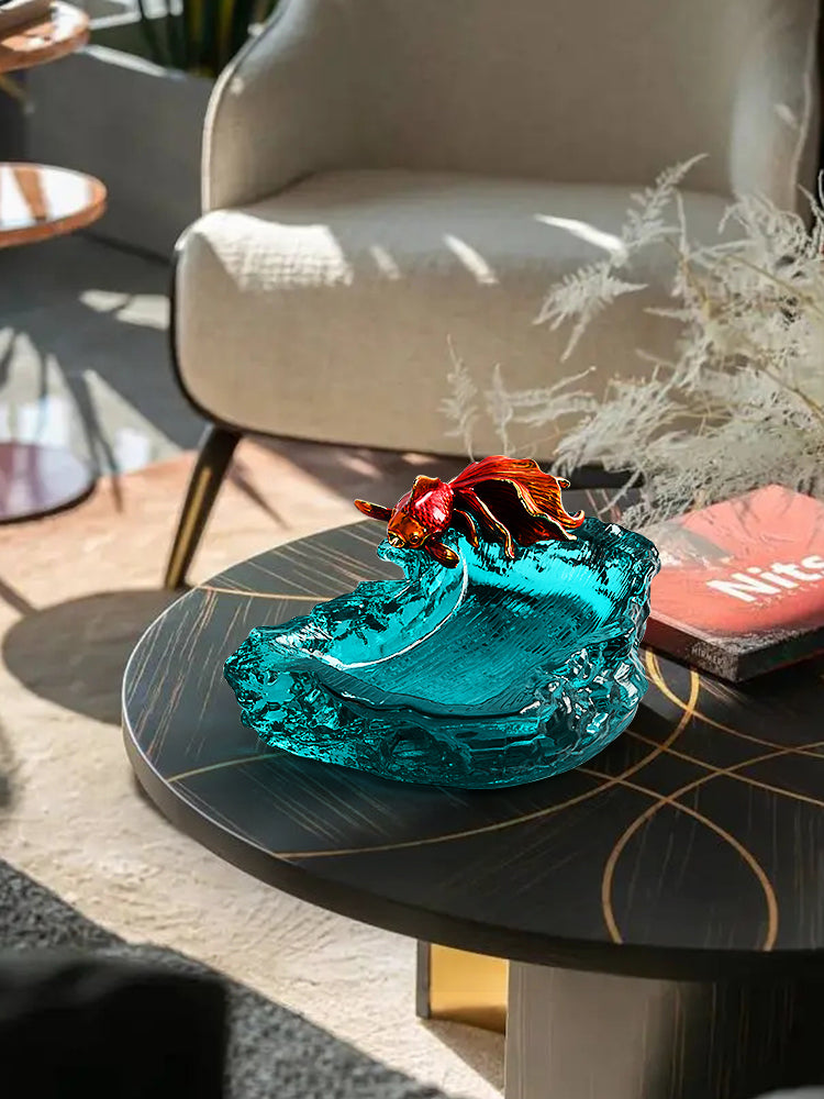Goldfish Glass Ashtray, Turquoise Decorative Cigarette Ashtray