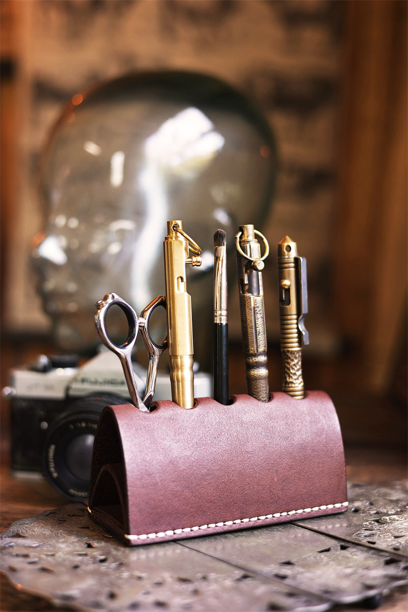 Handmade Leather Makeup Brush Holder, Vintage - Style Organizer for Cosmetic Brushes & Tools