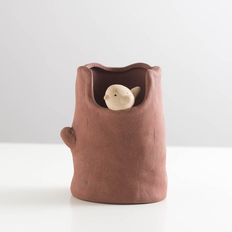 Tree Stump - Shaped Ceramic Pen Holder with Bird Accent, Cute Desk Organizer