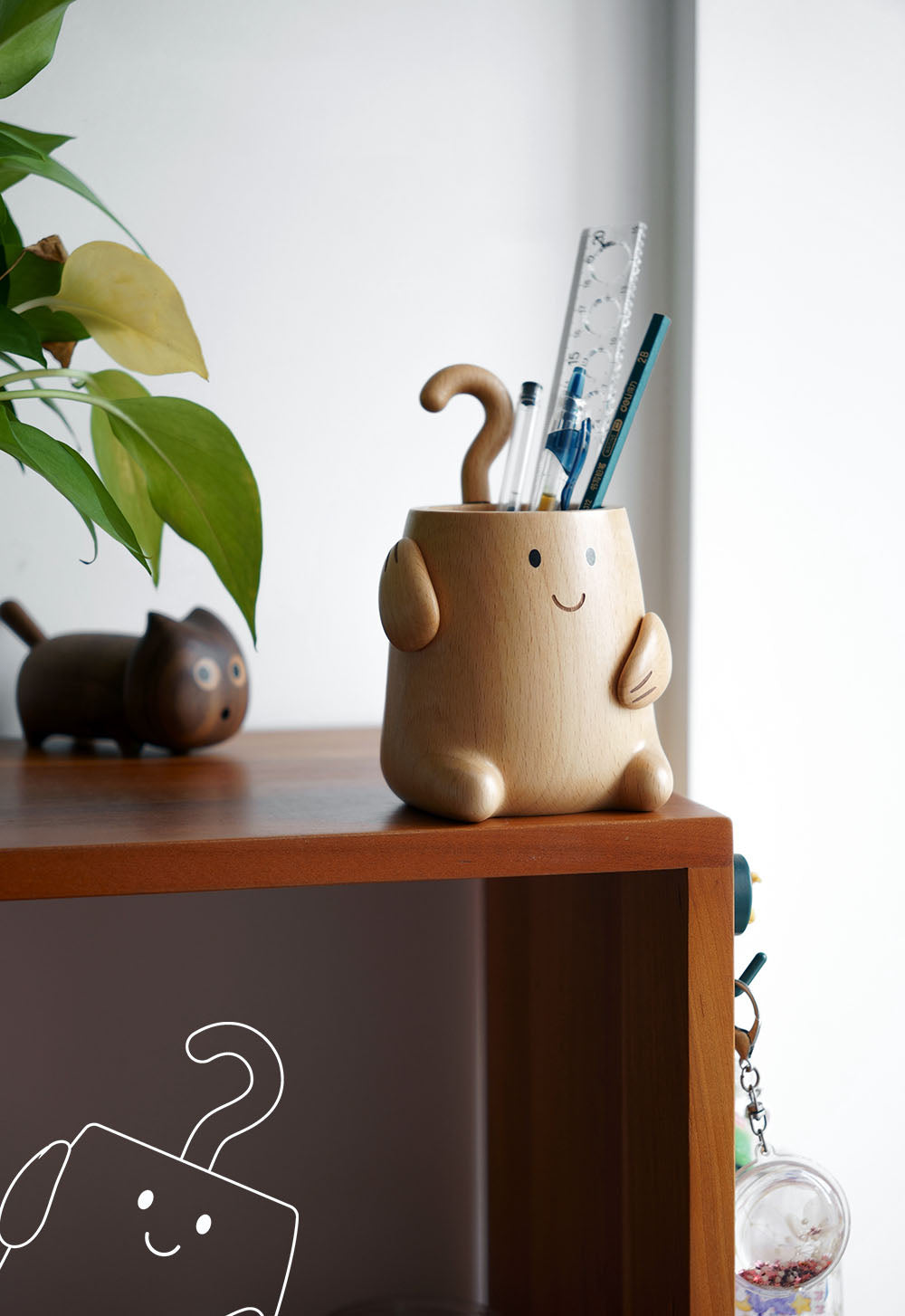 Cute Wooden Monster Desk Organizer, Multi - Function Pen Holder with Clip Storage