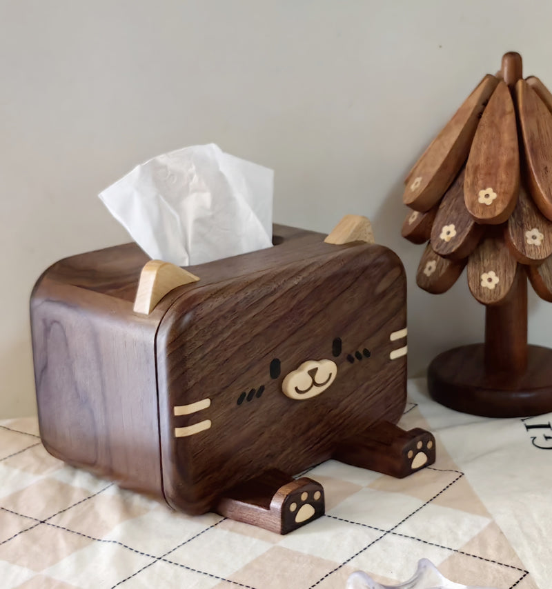 Cat - Shaped Wooden Tissue Box with Phone Stand, Cute Decorative Tissue Holder