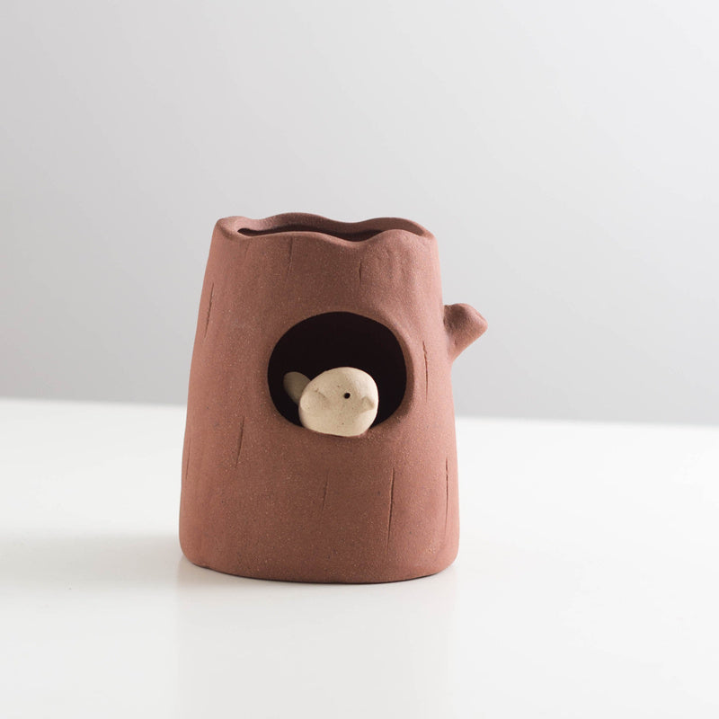 Tree Stump - Shaped Ceramic Pen Holder with Bird Accent, Cute Desk Organizer