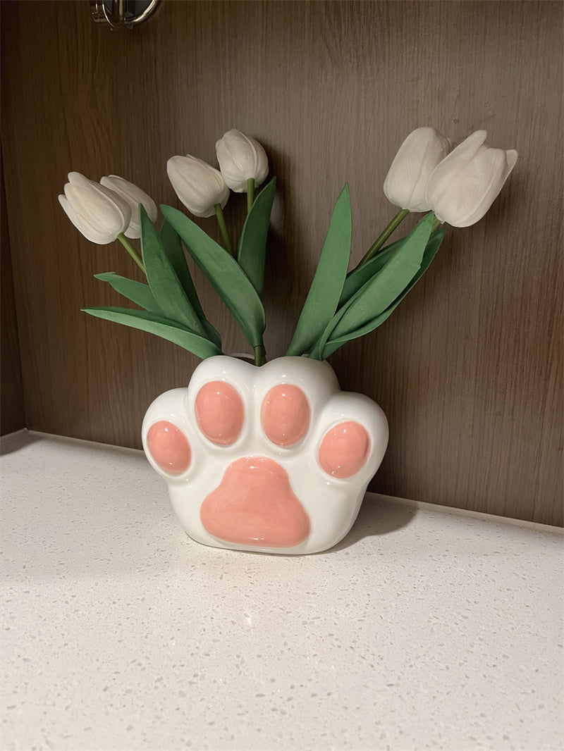 Cute Cat Paw - Shaped Ceramic Vase, Decorative Flower Holder for Home