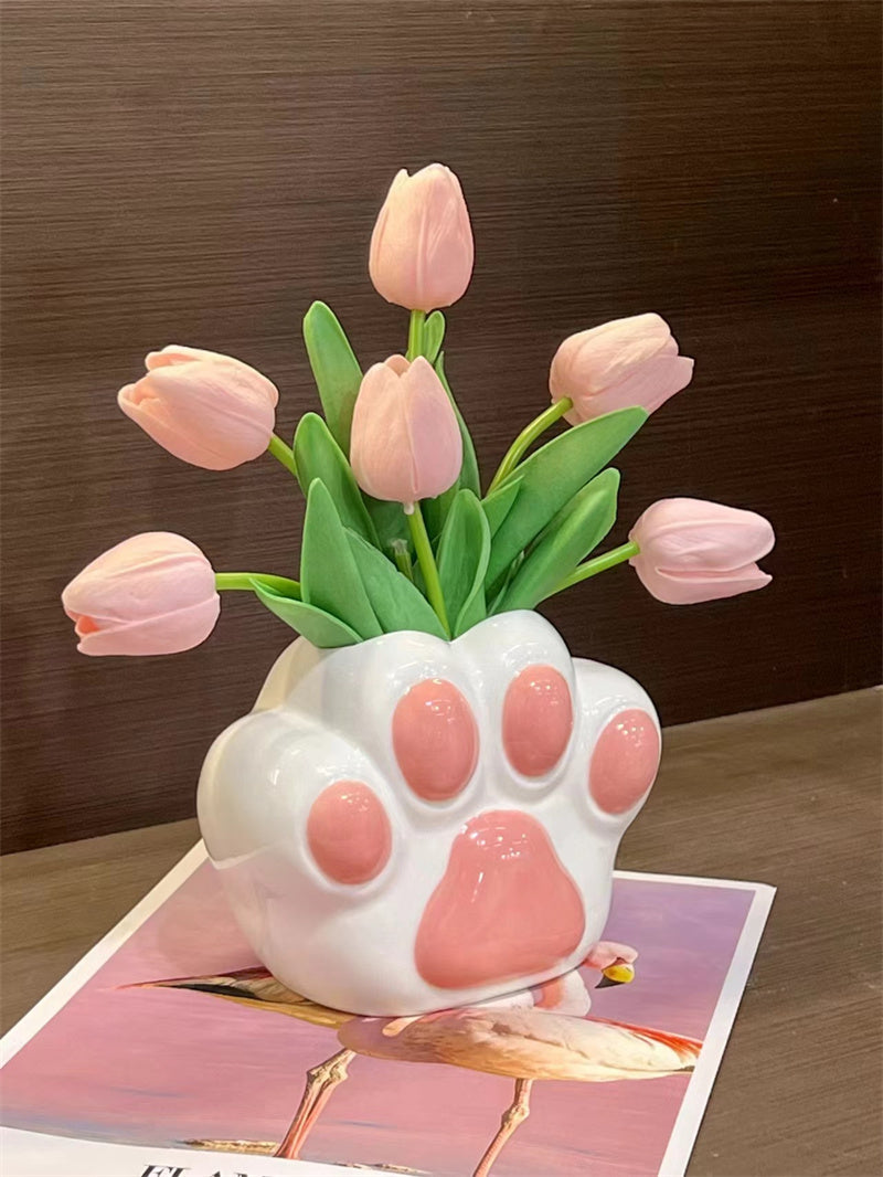 Cute Cat Paw - Shaped Ceramic Vase, Decorative Flower Holder for Home