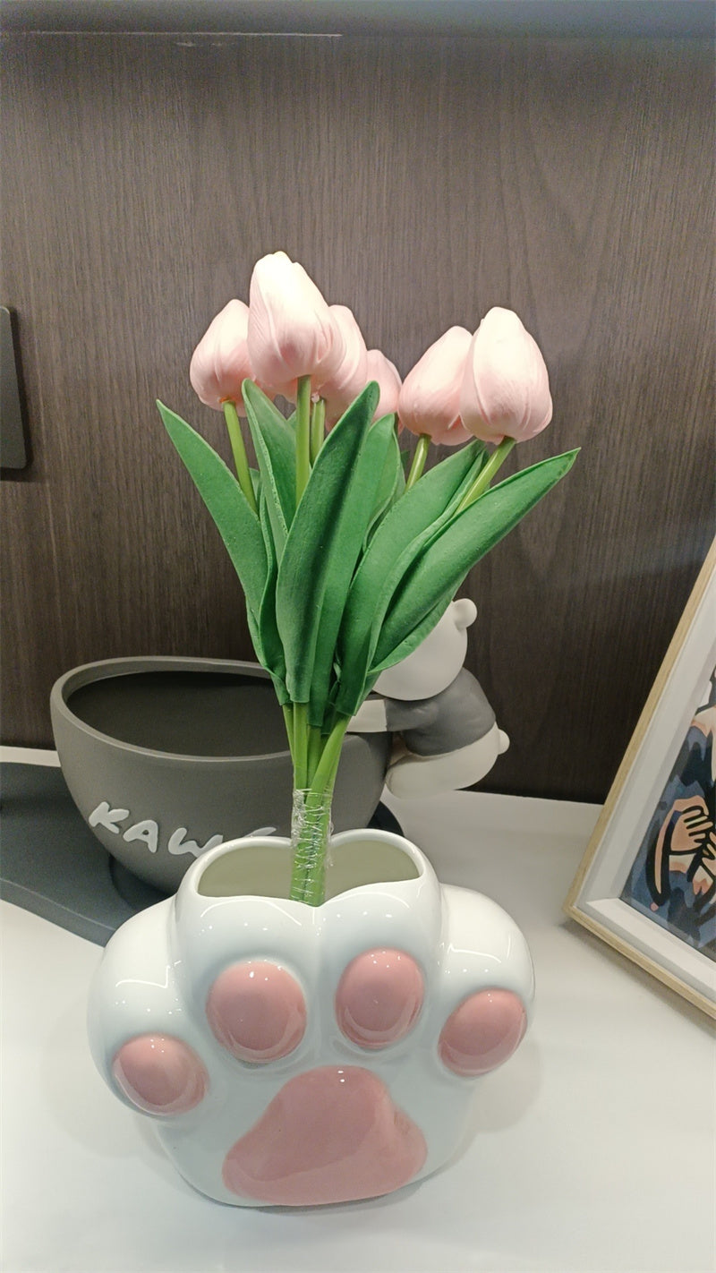 Cute Cat Paw - Shaped Ceramic Vase, Decorative Flower Holder for Home