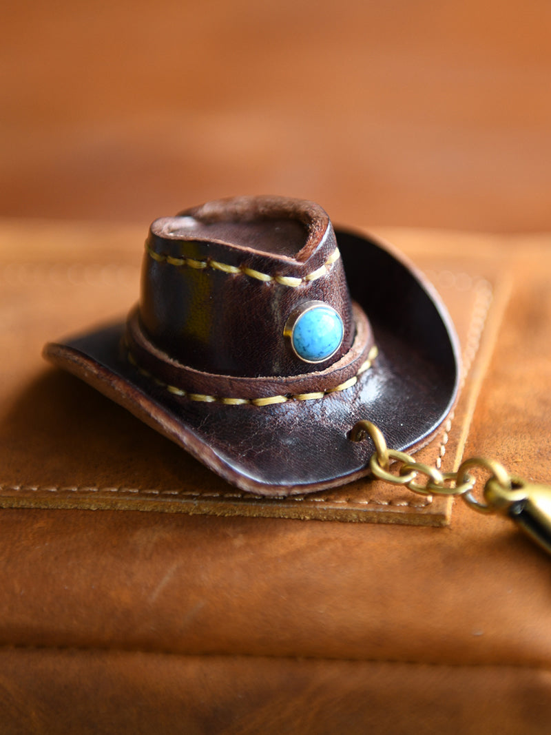 Handmade Leather Cowboy Hat Keychain, Western - Style Key Ring with Turquoise Accent