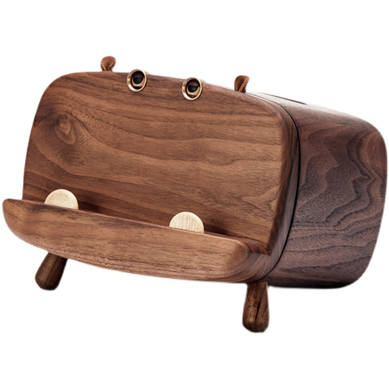 Walnut Wooden Hippo Tissue Box - Wood Tissue Holder & Phone Stand for Modern Home Decor