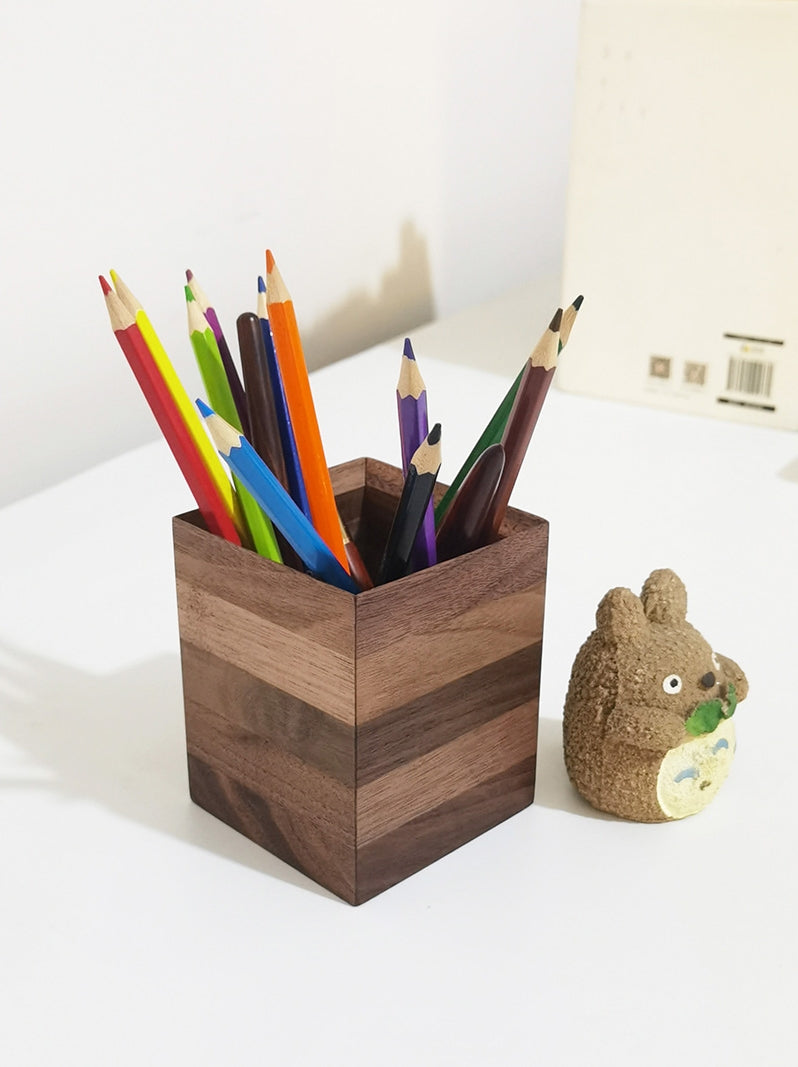 Wooden Pen Holder with Legs, Square Desk Organizer for Pencils, Markers & Office Supplies