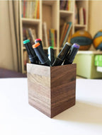 Wooden Pen Holder with Legs, Square Desk Organizer for Pencils, Markers & Office Supplies
