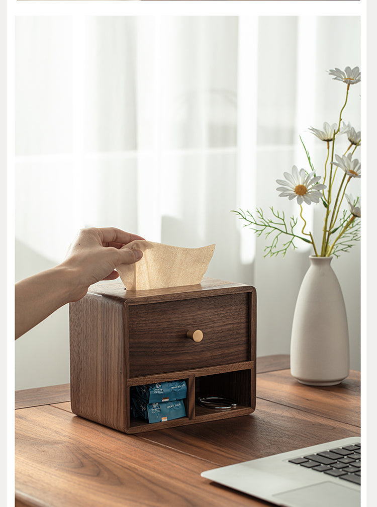 Wooden Tissue Box and Storage Compartments, Multifunctional Desk Organizer