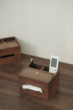 Wooden Tissue Box and Storage Compartments, Multifunctional Desk Organizer