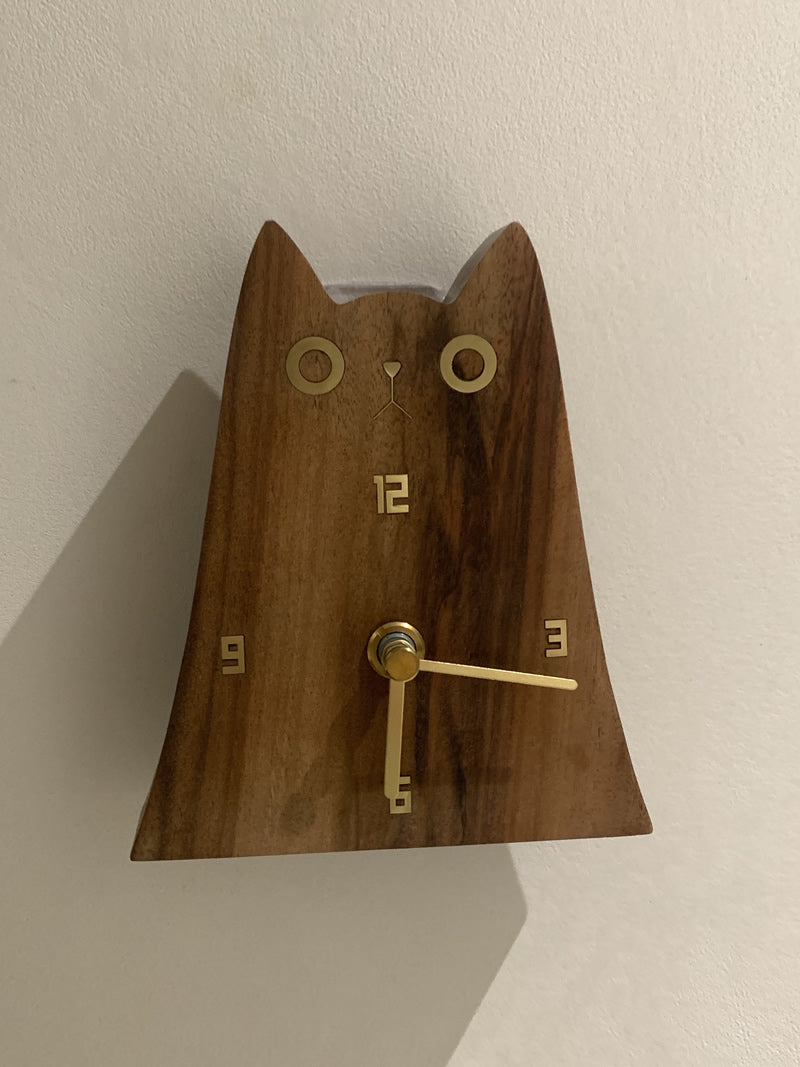 Wooden Cat - Shaped Table Clock, Minimalist Desk Clock with Brass Accents