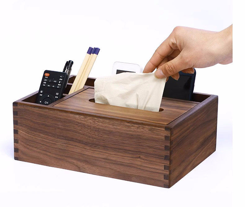 Walnut Wooden Tissue Box with Remote & Desk Organizer – Multi-Functional Storage Holder