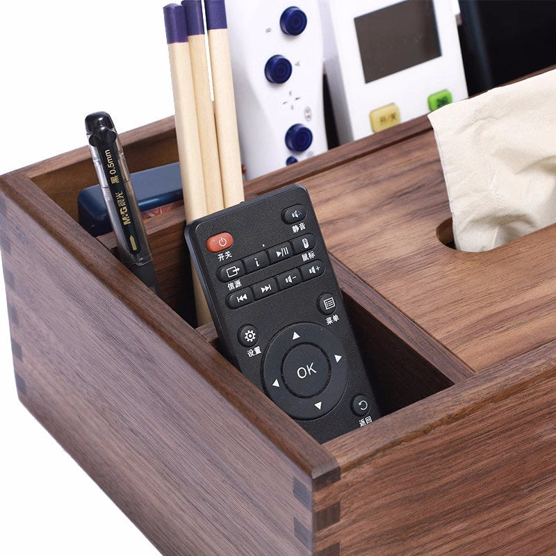 Walnut Wooden Tissue Box with Remote & Desk Organizer – Multi-Functional Storage Holder