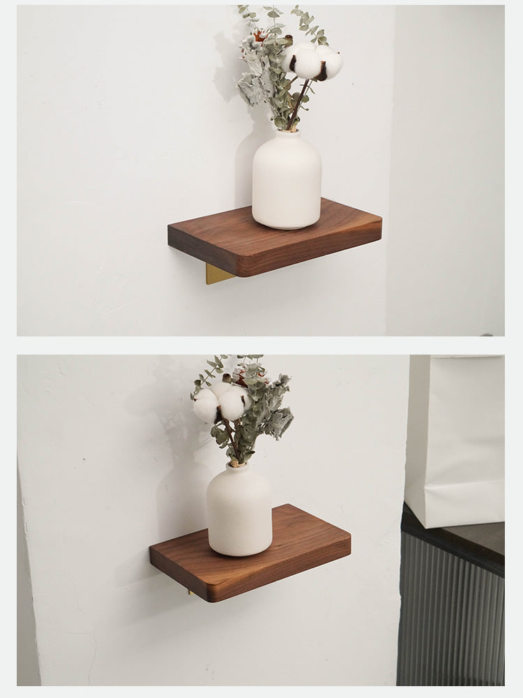 Modern Wooden Floating Shelf with Brass Bracket, Wall - Mounted Display Shelf