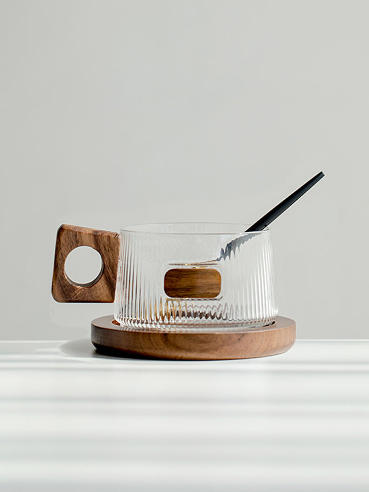 Ribbed Glass Coffee Mug with Wooden Handle and Coaster Set, Stylish Drinkware for Home