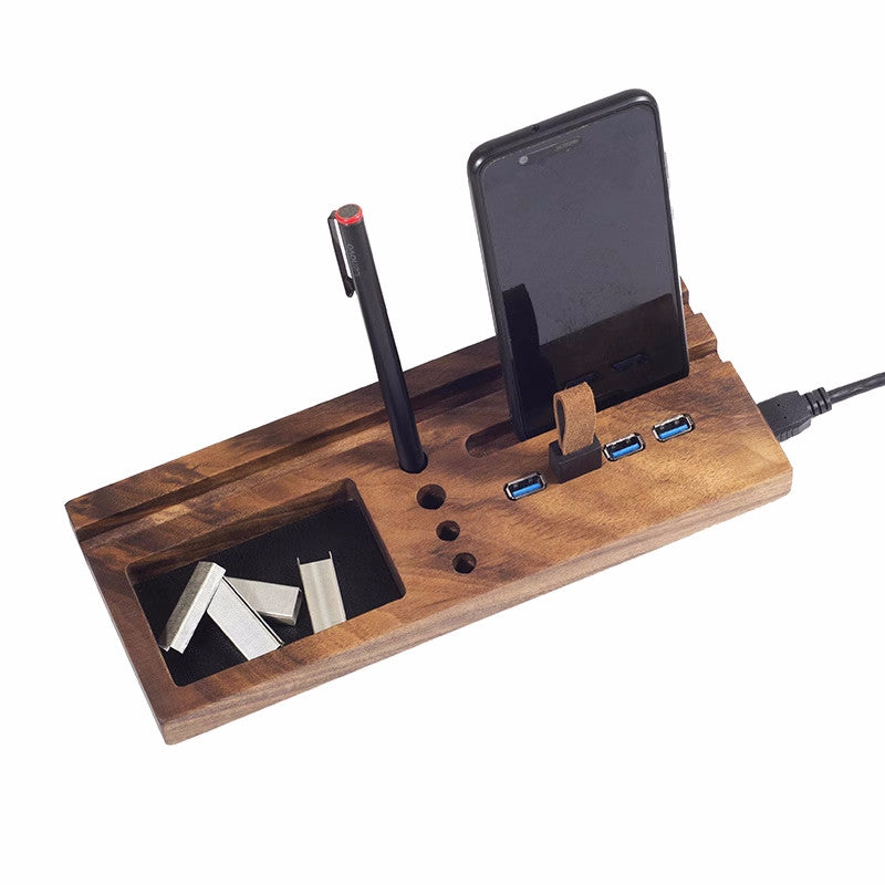 Wooden Desk Organizer with USB Hub & Phone Stand, Multi - Functional Desktop Storage Station