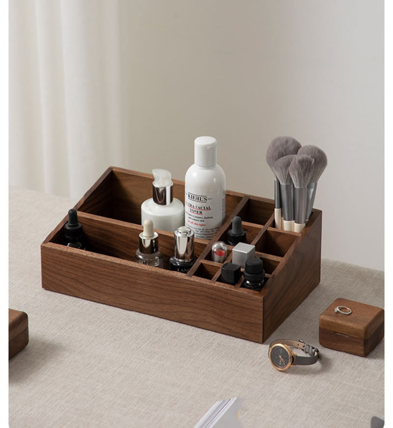 Wooden Makeup and Skincare Organizer, Multi - Compartment Desk Tidy for Beauty Products