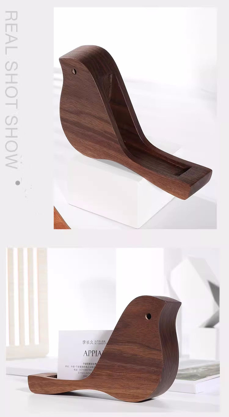 Wooden Bird - Shaped Business Card Holder, Decorative Desk Accessory