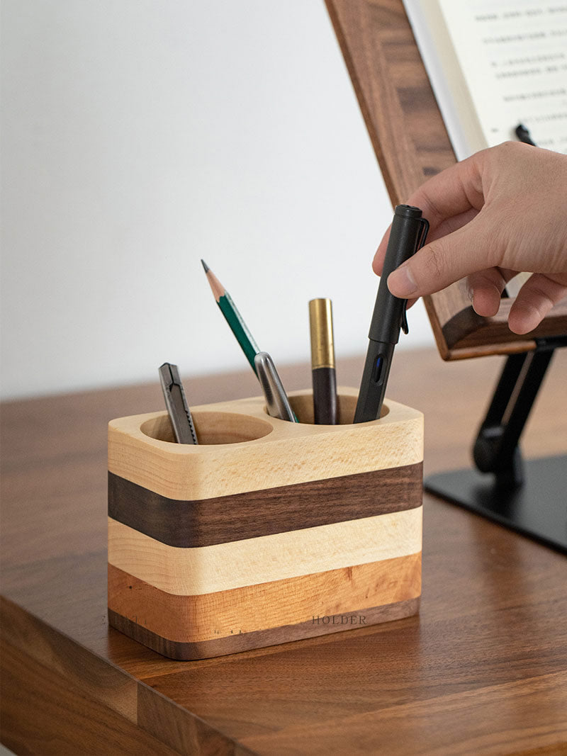 Handcrafted Wooden Striped Pen Holder, Desktop Organizer for Pens & Pencils