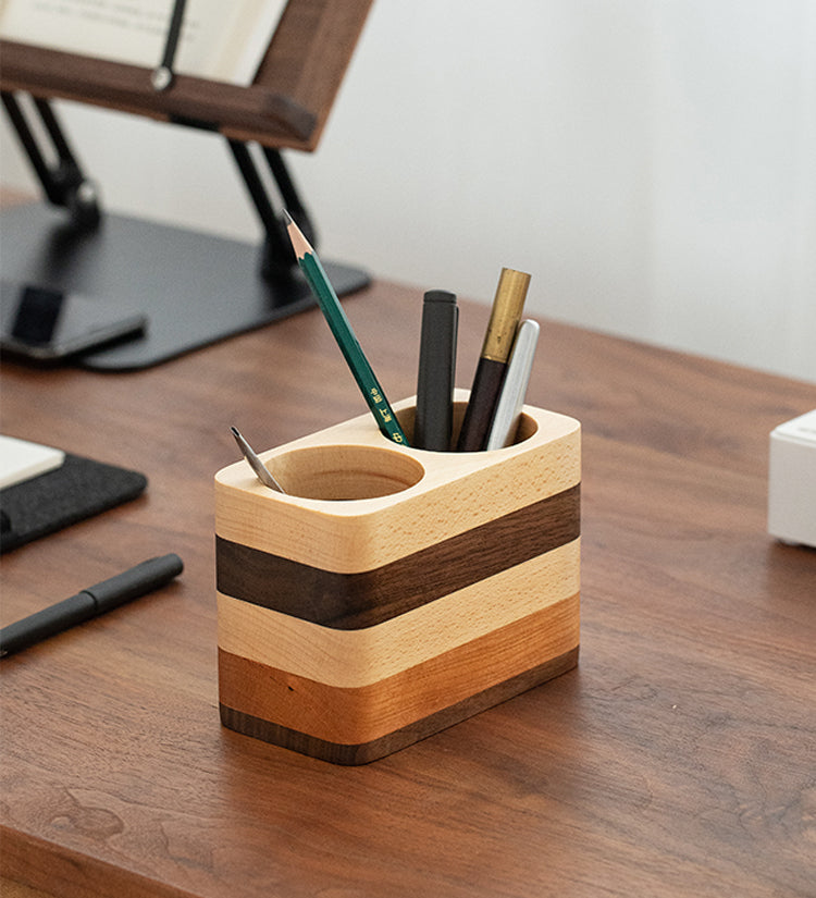 Handcrafted Wooden Striped Pen Holder, Desktop Organizer for Pens & Pencils