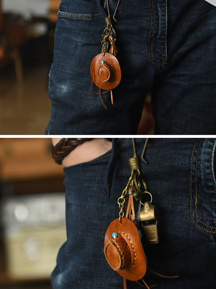 Handmade Leather Cowboy Hat Keychain, Western - Style Key Ring with Turquoise Accent