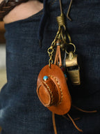 Handmade Leather Cowboy Hat Keychain, Western - Style Key Ring with Turquoise Accent