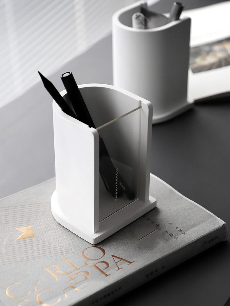 Minimalist Concrete White Pen Holder, Modern Desk Organizer for Pens & Pencils