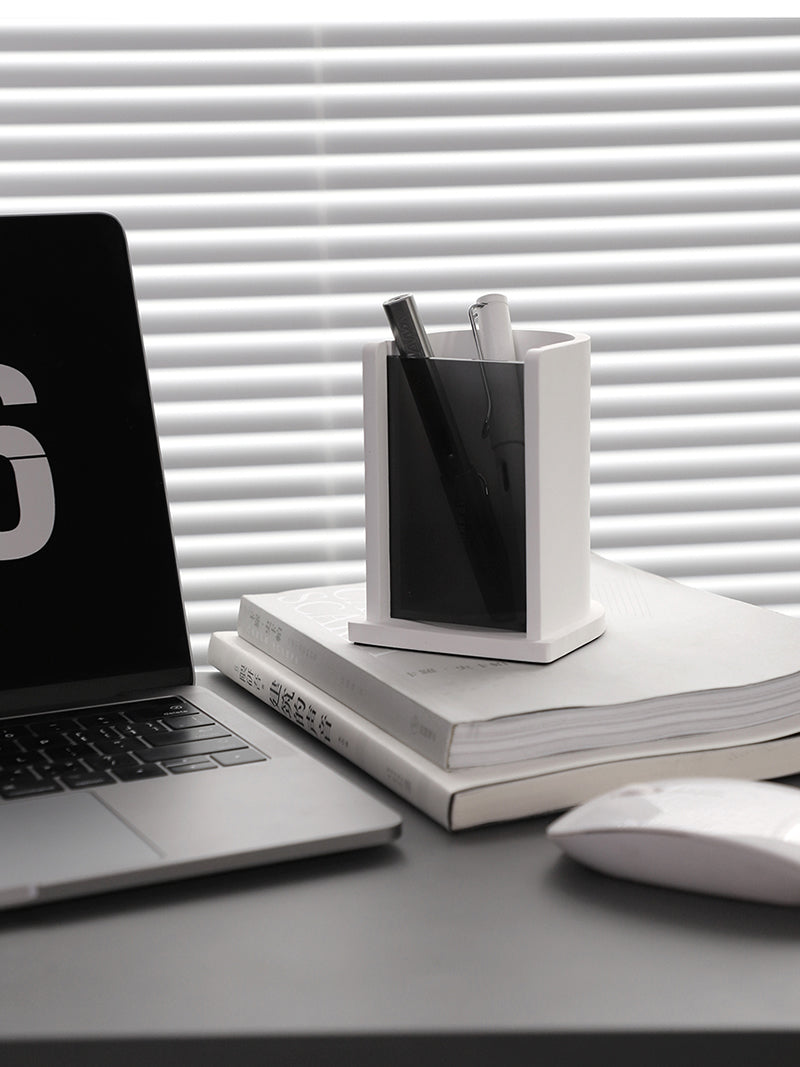 Minimalist Concrete White Pen Holder, Modern Desk Organizer for Pens & Pencils