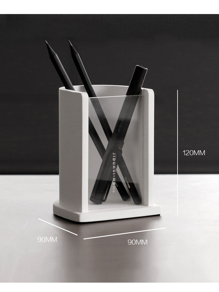 Minimalist Concrete White Pen Holder, Modern Desk Organizer for Pens & Pencils