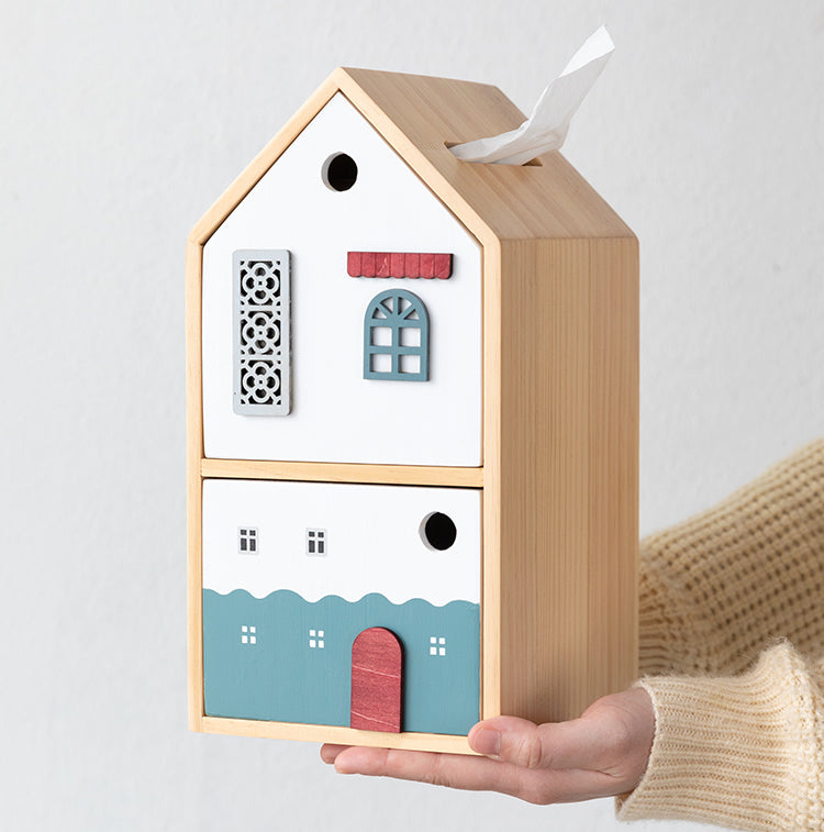 Cute Wooden House - Shaped Tissue Box with Drawer, Multifunctional Desk Organizer
