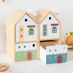 Cute Wooden House - Shaped Tissue Box with Drawer, Multifunctional Desk Organizer