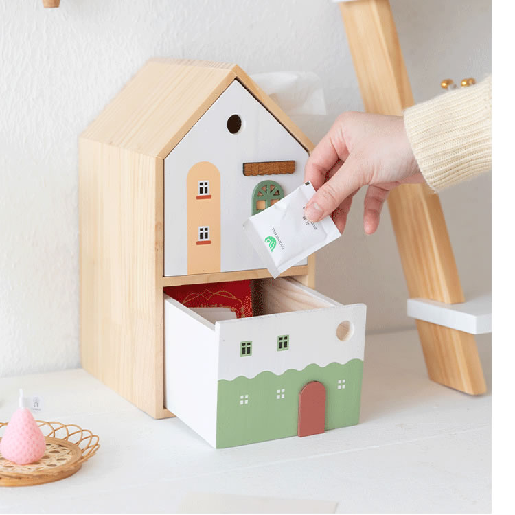 Cute Wooden House - Shaped Tissue Box with Drawer, Multifunctional Desk Organizer