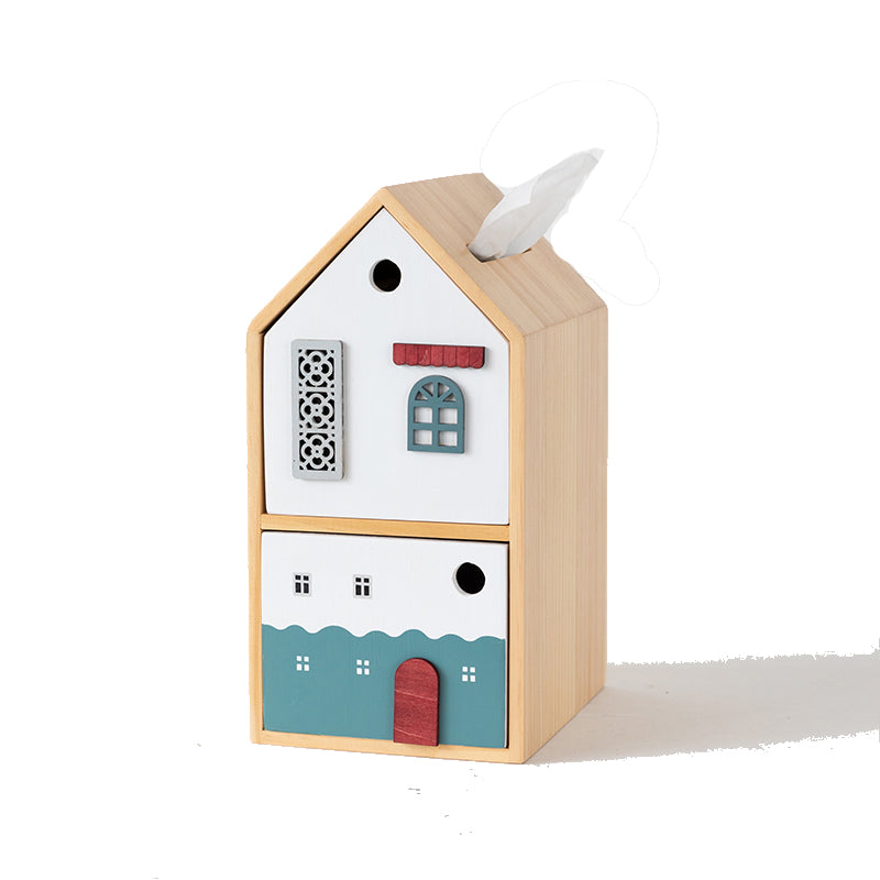 Cute Wooden House - Shaped Tissue Box with Drawer, Multifunctional Desk Organizer