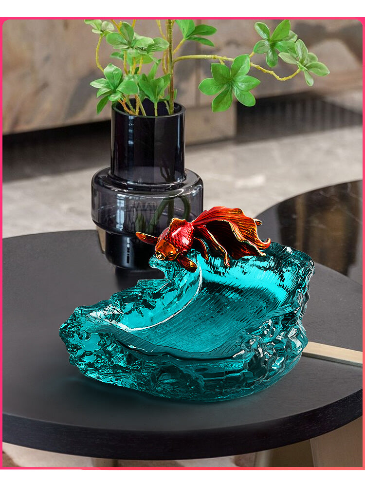 Goldfish Glass Ashtray, Turquoise Decorative Cigarette Ashtray
