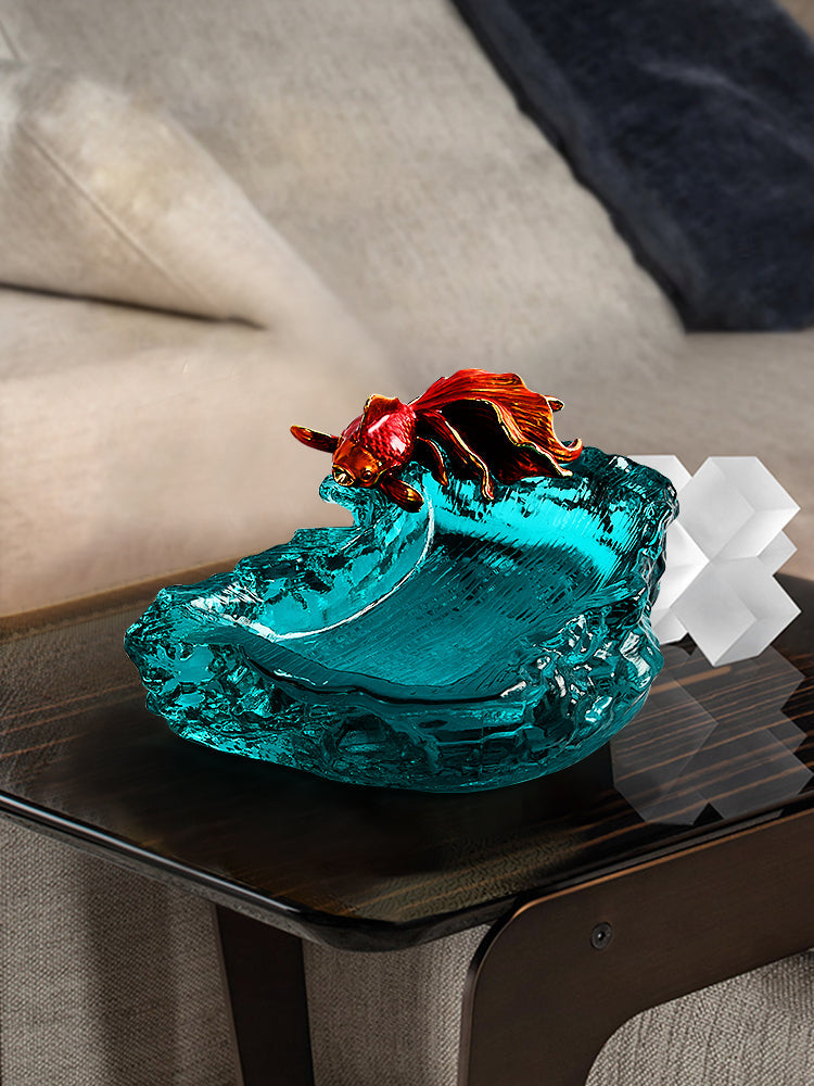 Goldfish Glass Ashtray, Turquoise Decorative Cigarette Ashtray