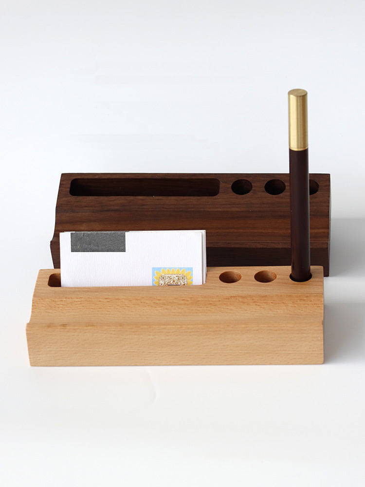 Wooden Desk Organizer with Pen Holders and Card Slot, Multi - Compartment Desktop Storage