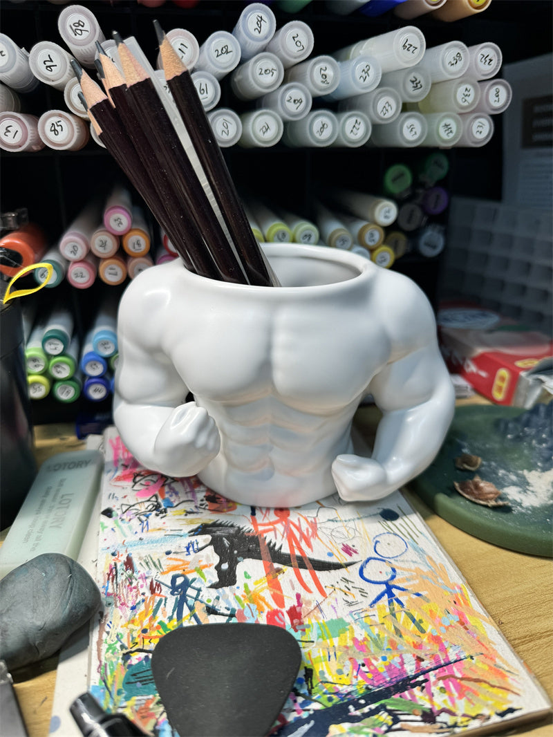 Muscular Dog & Human - Shaped Ceramic Mugs/Pen Holders, Novelty Desk Organizers