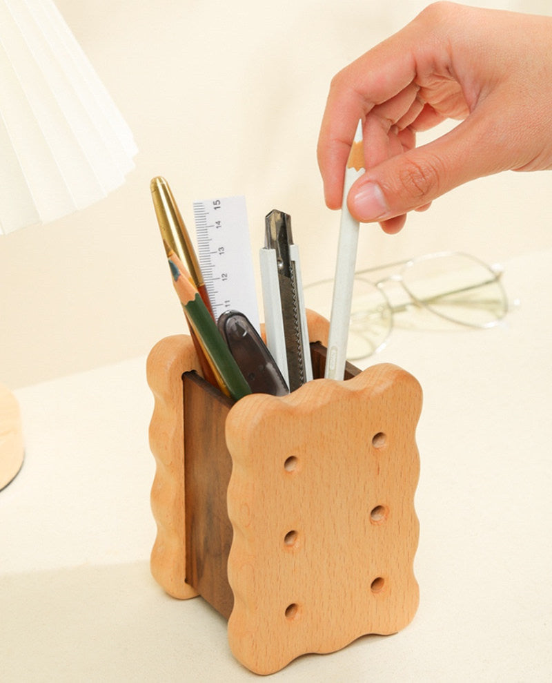 Whimsical Wooden Biscuit Pen & Pencil Holder - Natural Wood Desk Organizer