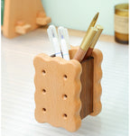 Whimsical Wooden Biscuit Pen & Pencil Holder - Natural Wood Desk Organizer