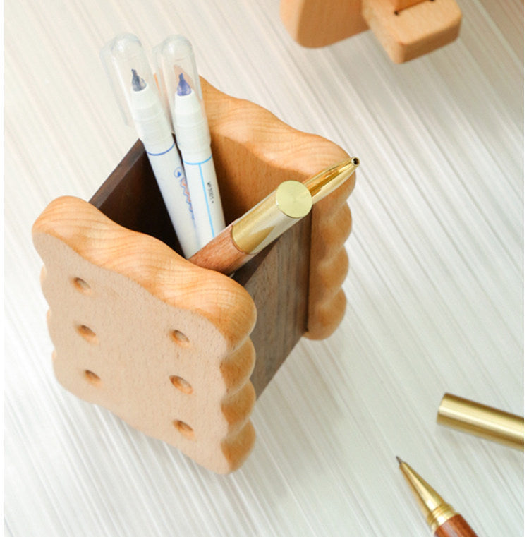 Whimsical Wooden Biscuit Pen & Pencil Holder - Natural Wood Desk Organizer